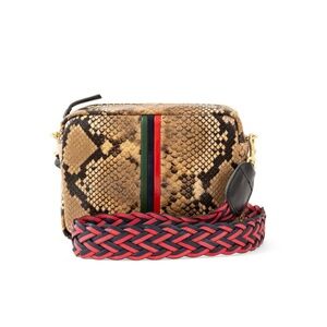 Clare V. Midi Sac Crossbody Bag in Tan Spring Snake Evergreen/Navy Red